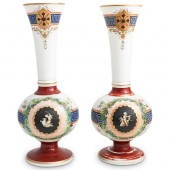 PAIR OF OPALINE GLASS VASESDES
