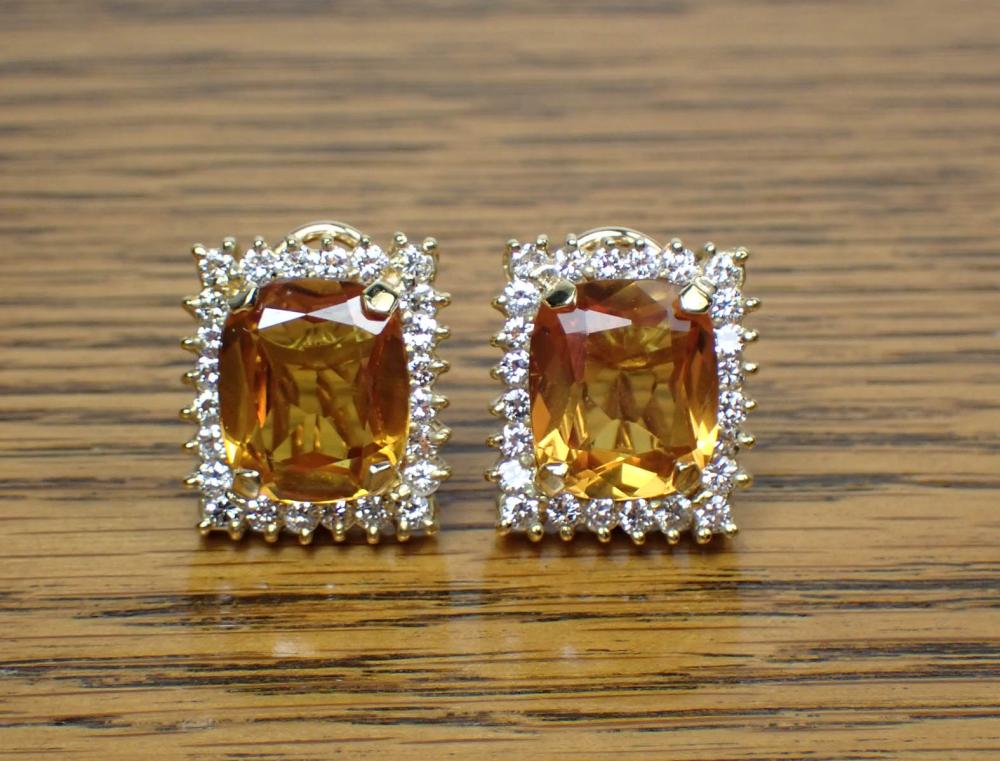 PAIR OF ORANGE SAPPHIRE AND DIAMOND
