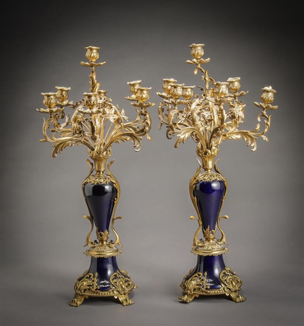 PAIR OF ORMOLU AND BLUE GLAZED