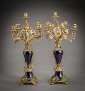 PAIR OF ORMOLU AND BLUE GLAZED