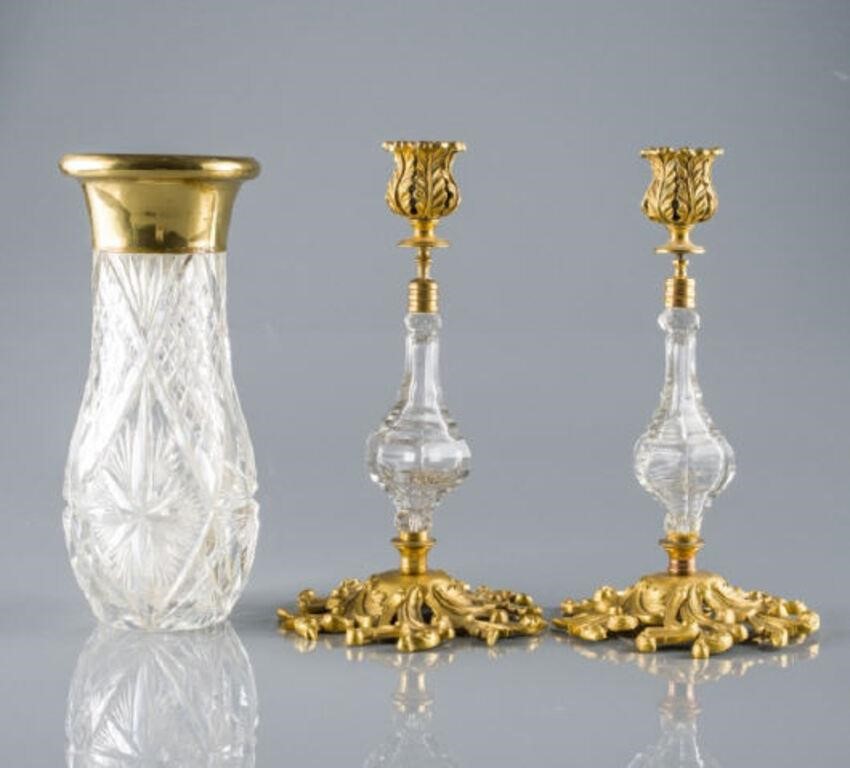 PAIR OF ORMOLU & GLASS CANDLESTICKS