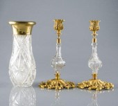 PAIR OF ORMOLU & GLASS CANDLES