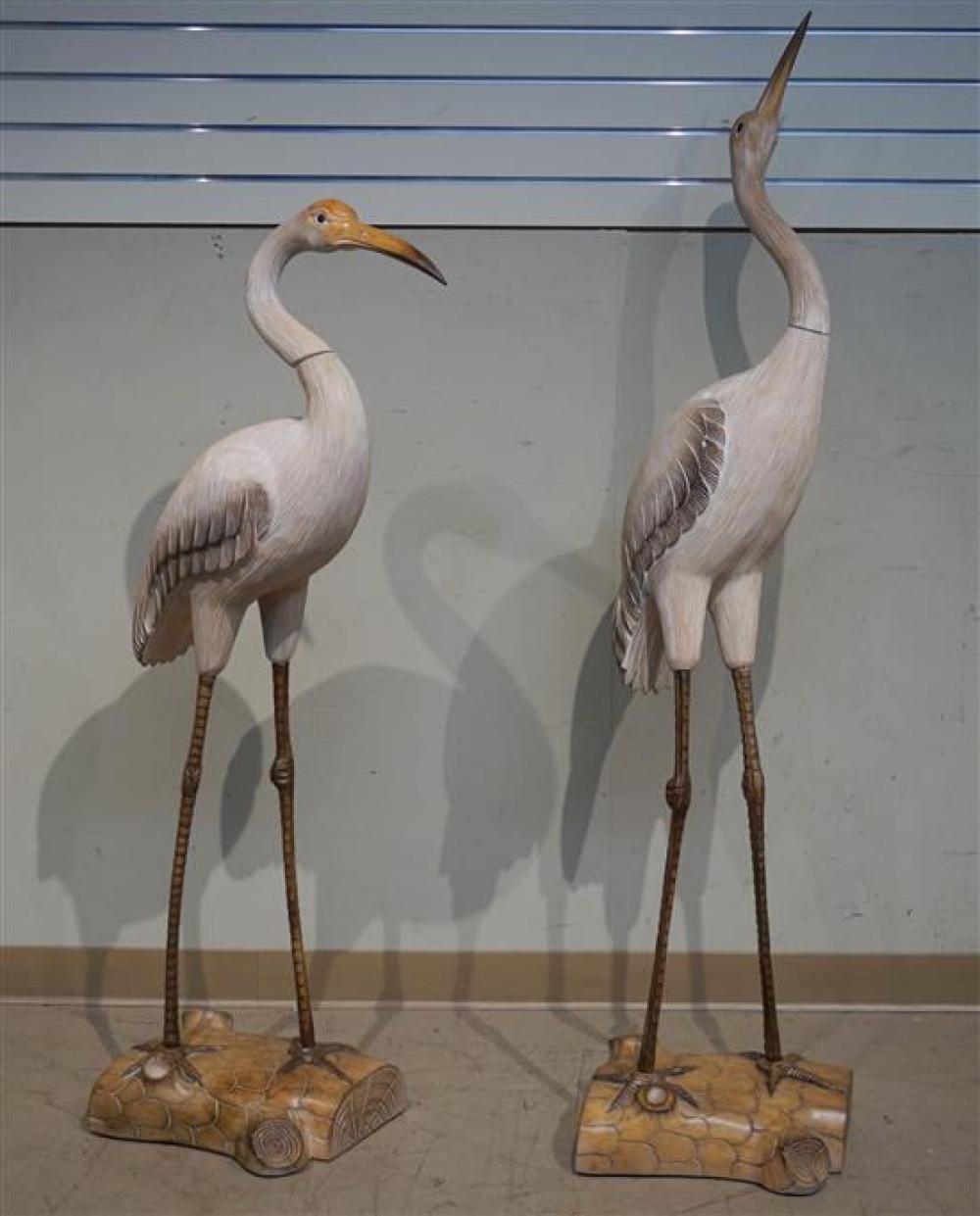 PAIR OF PAINTED CARVED WOOD HERONS,