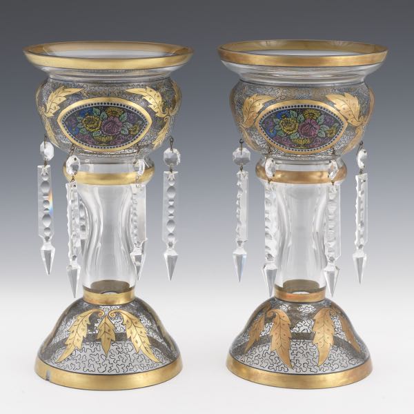 PAIR OF PAINTED GLASS LUSTRES 13 ½"