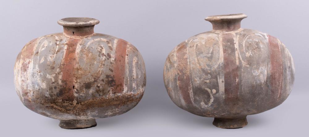 PAIR OF PAINTED GREY POTTERY COCOON