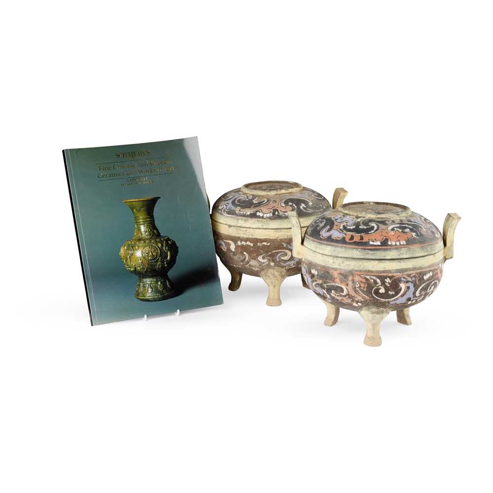 PAIR OF PAINTED GREY POTTERY TRIPOD