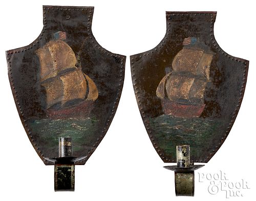 PAIR OF PAINTED TIN SCONCES, 19TH
