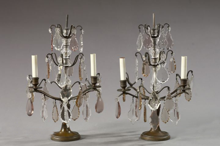 Pair of Patinated Brass, Crystal