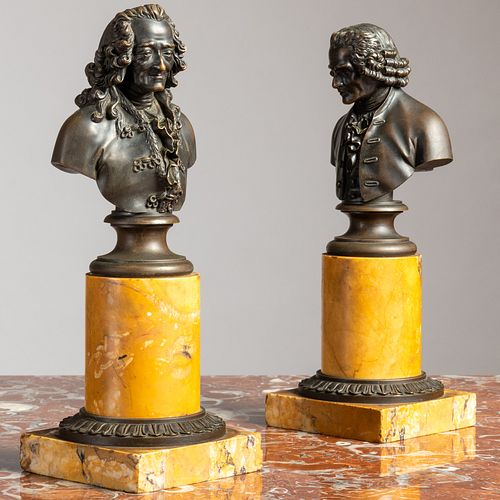 PAIR OF PATINATED-BRONZE BUSTS OF