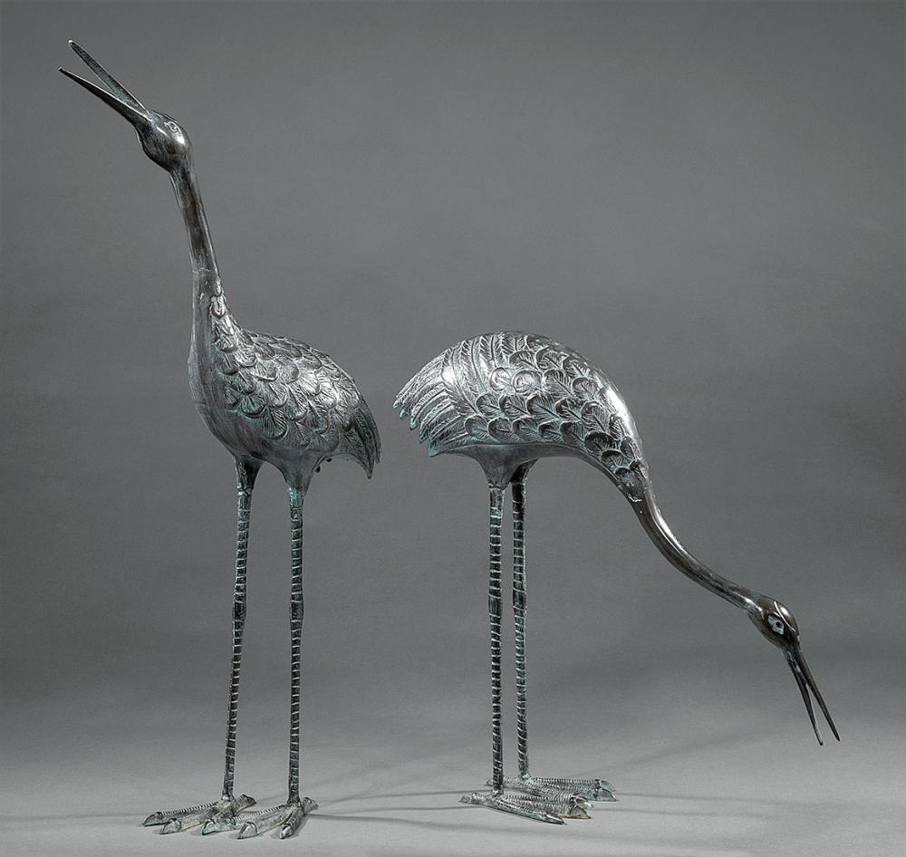 PAIR OF PATINATED BRONZE CRANESPair
