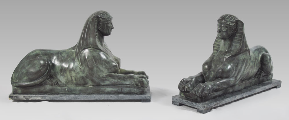PAIR OF PATINATED BRONZE SPHINX