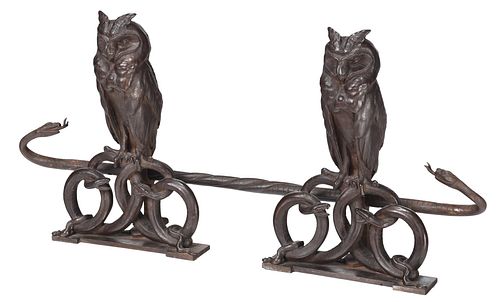 PAIR OF PATINATED IRON OWL AND