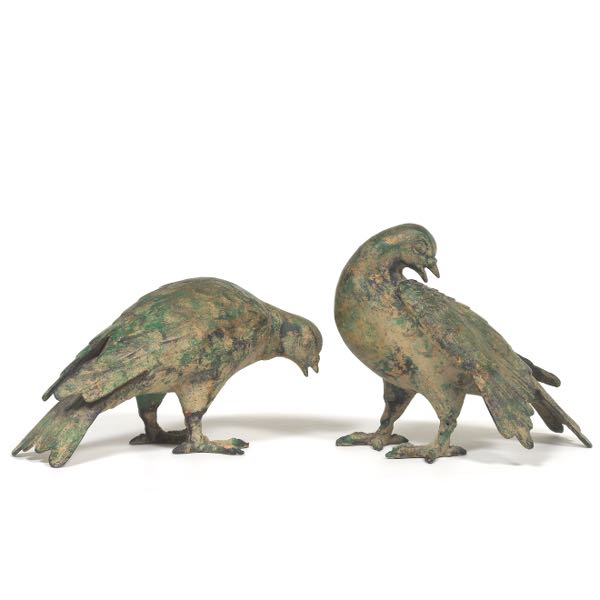 PAIR OF PATINATED METAL PIGEONS