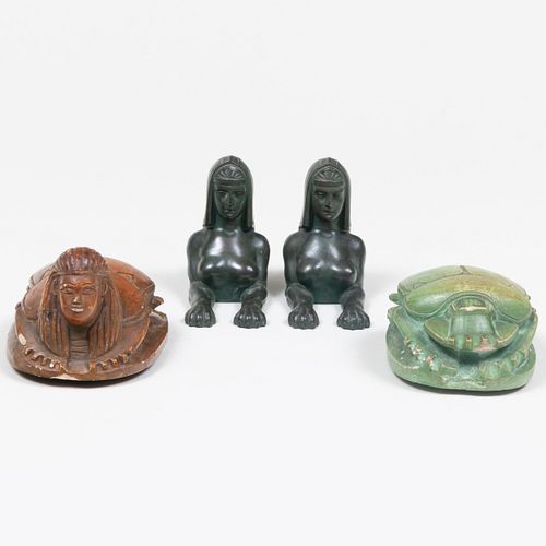 PAIR OF PATINATED-METAL SPHYNX FORM