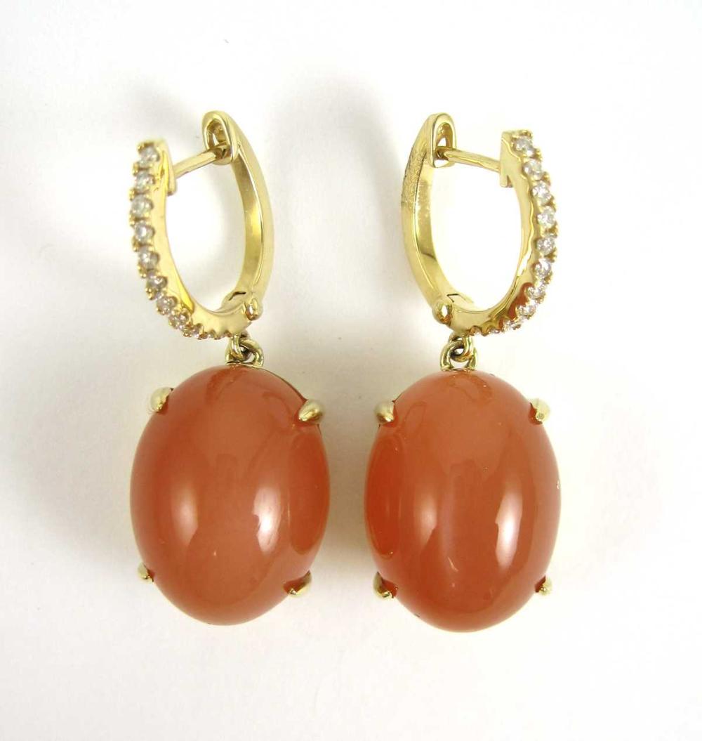 PAIR OF PEACH MOONSTONE AND DIAMOND