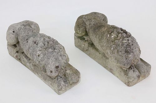 PAIR OF PETITE CEMENT LOUNGING LION