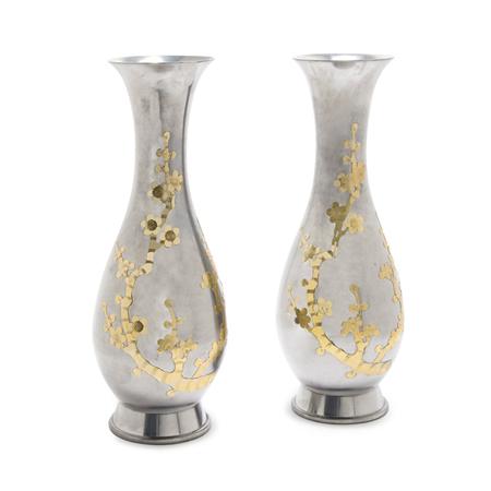 Pair of Pewter and Brass Vases 	 