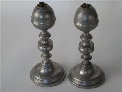 Pair of pewter whale oil lamps   