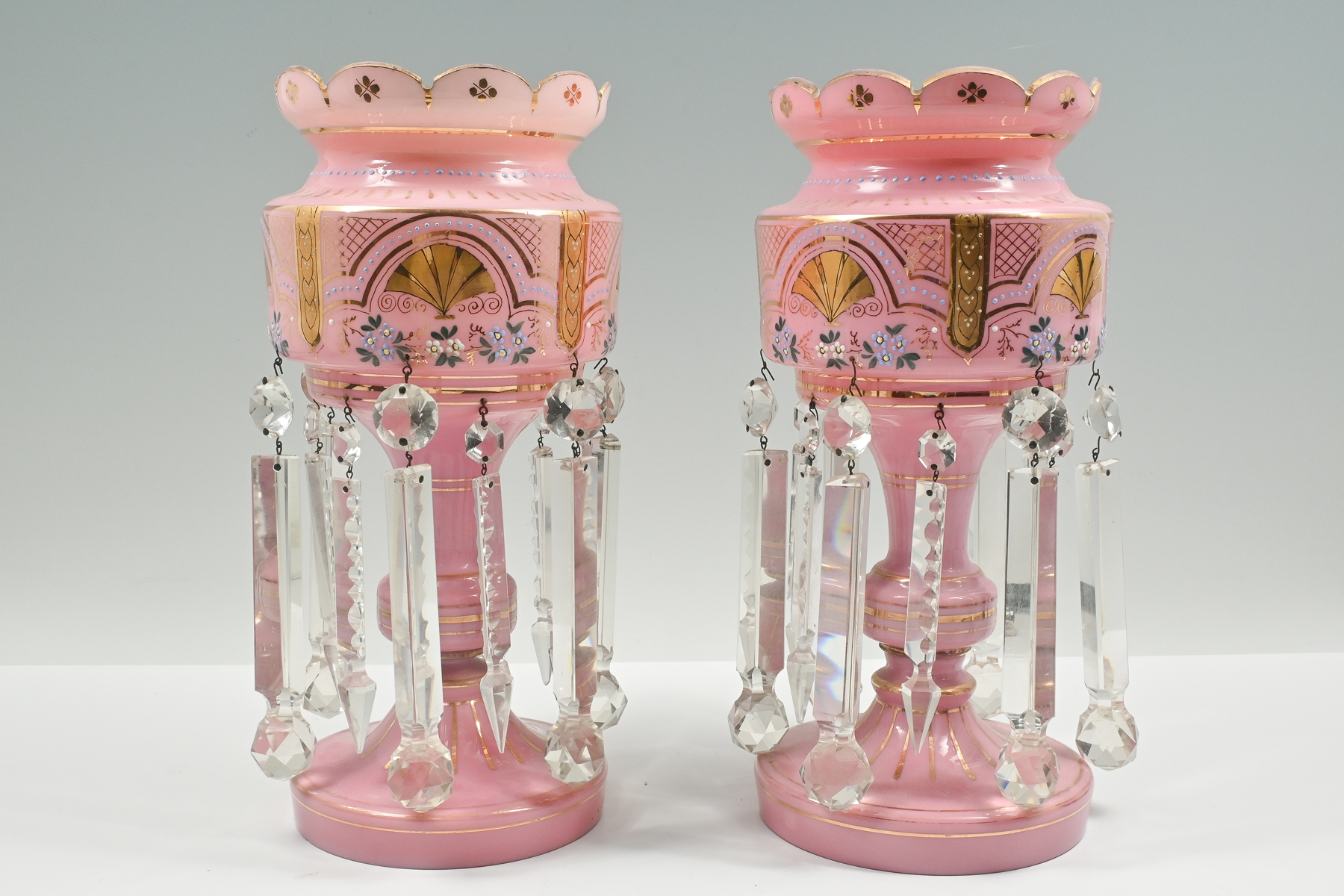 PAIR OF PINK GLASS MANTLE LUSTRES