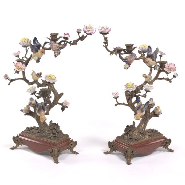 PAIR OF PORCELAIN BIRD CANDELABRA