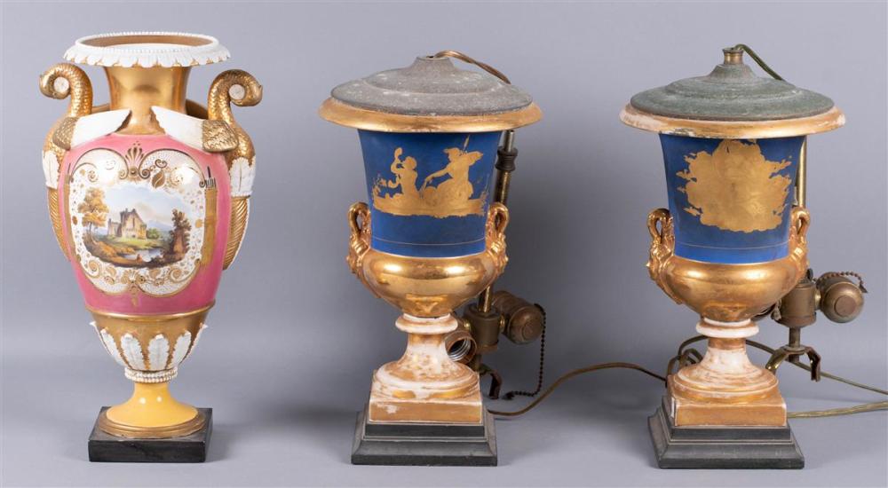 PAIR OF PORCELAIN URNS, LAMPS AND