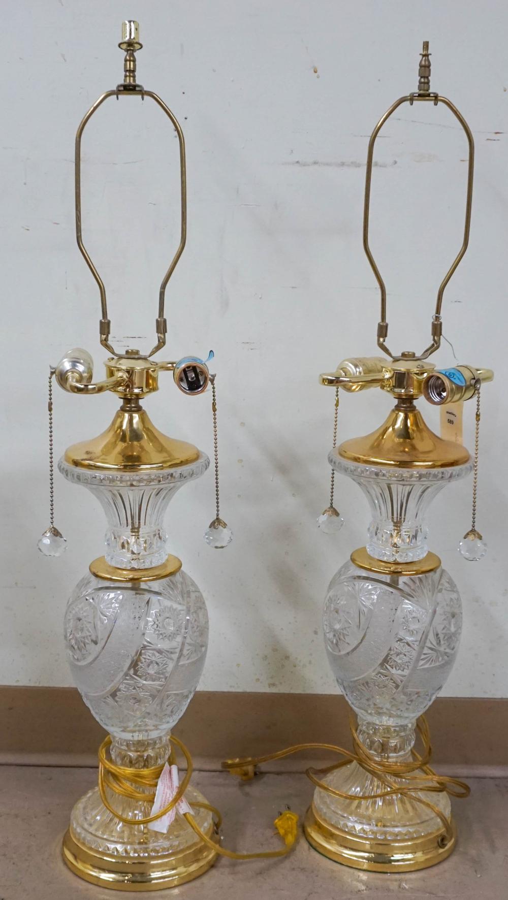PAIR OF PRESSED GLASS AND BRASS