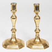 PAIR OF QUEEN ANNE BRASS CANDL