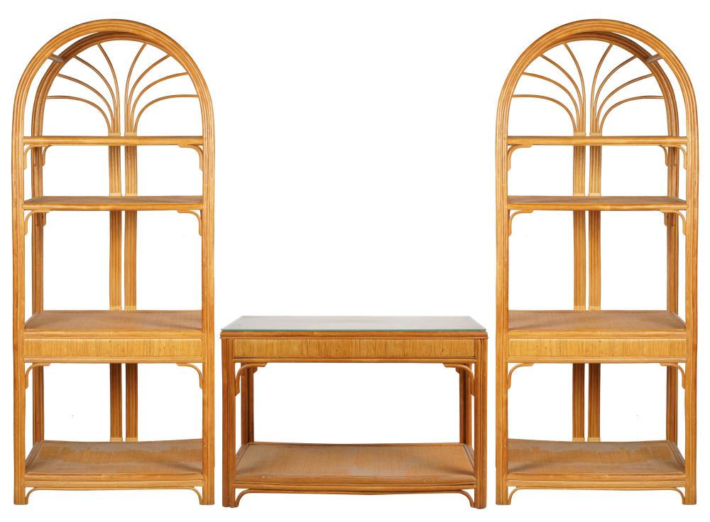 PAIR OF RATTAN ETAGERES AND A