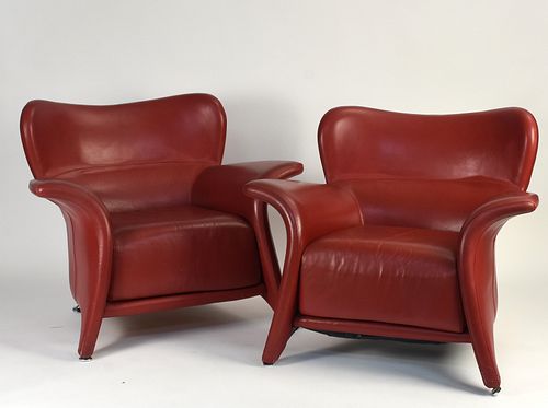 PAIR OF RED LEATHER LOUNGE CHAIRS