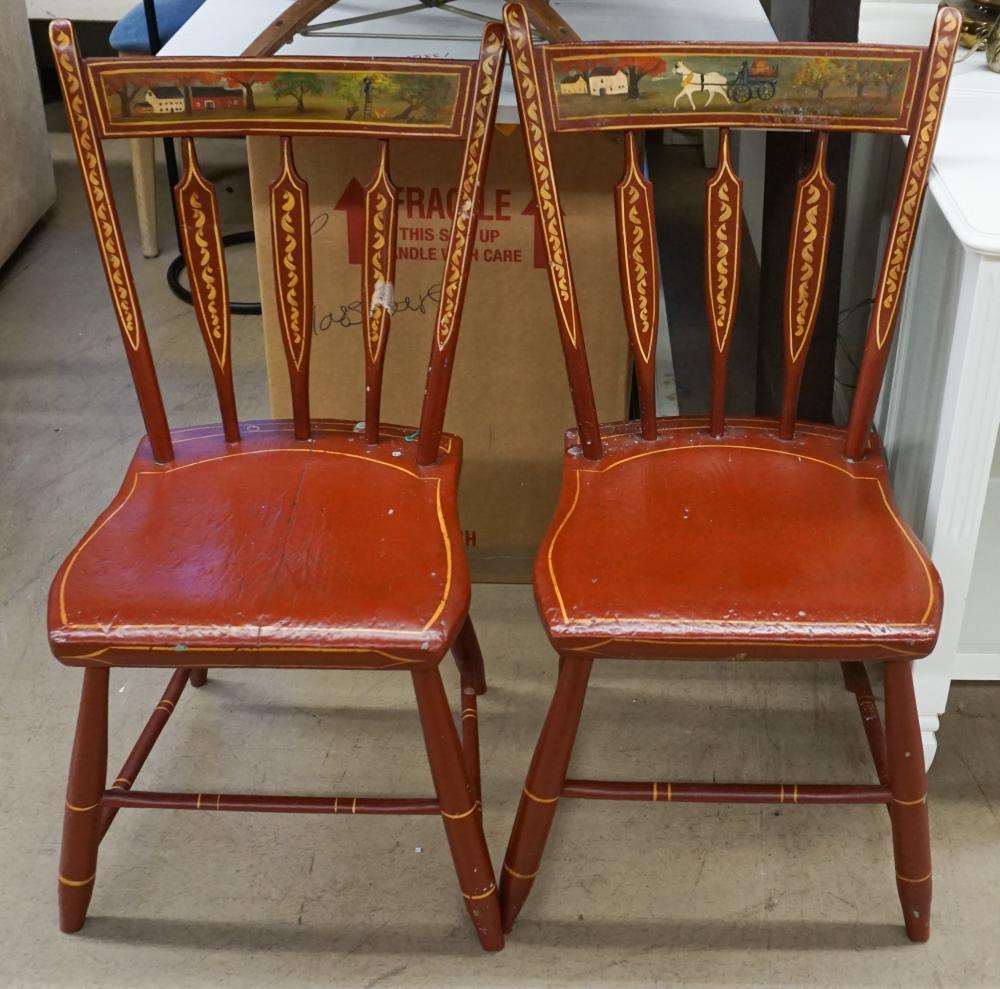 PAIR OF RED PAINTED AND STENCIL