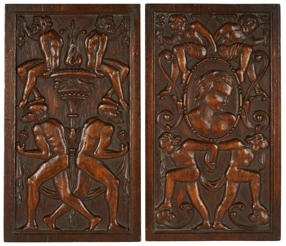 PAIR OF RELIEF-CARVED WALNUT