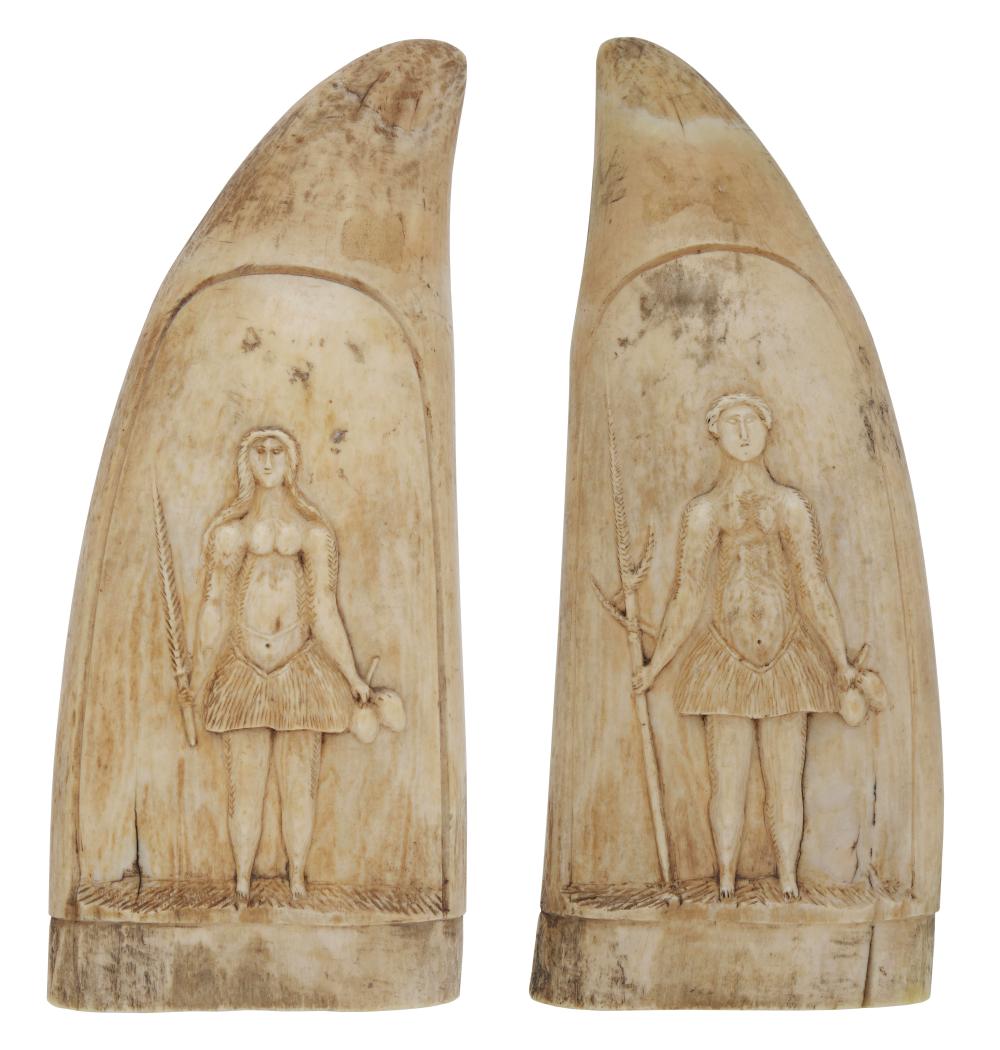 PAIR OF RELIEF-CARVED WHALE'S TEETH