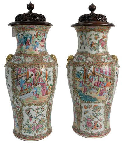 PAIR OF ROSE MEDALLION VASES HAVING