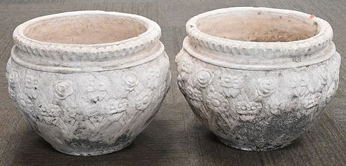 PAIR OF ROUND CEMENT URNS, HEIGHT