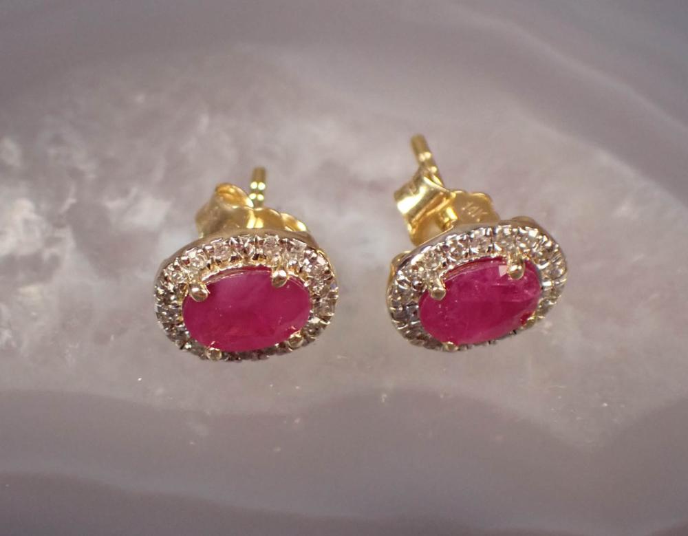 PAIR OF RUBY AND DIAMOND HALO EAR