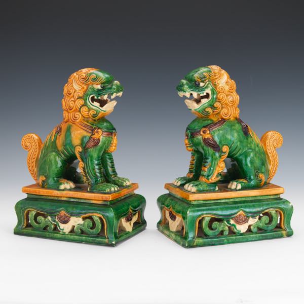 PAIR OF SANCAI GLAZED FOO DOGS 12"H