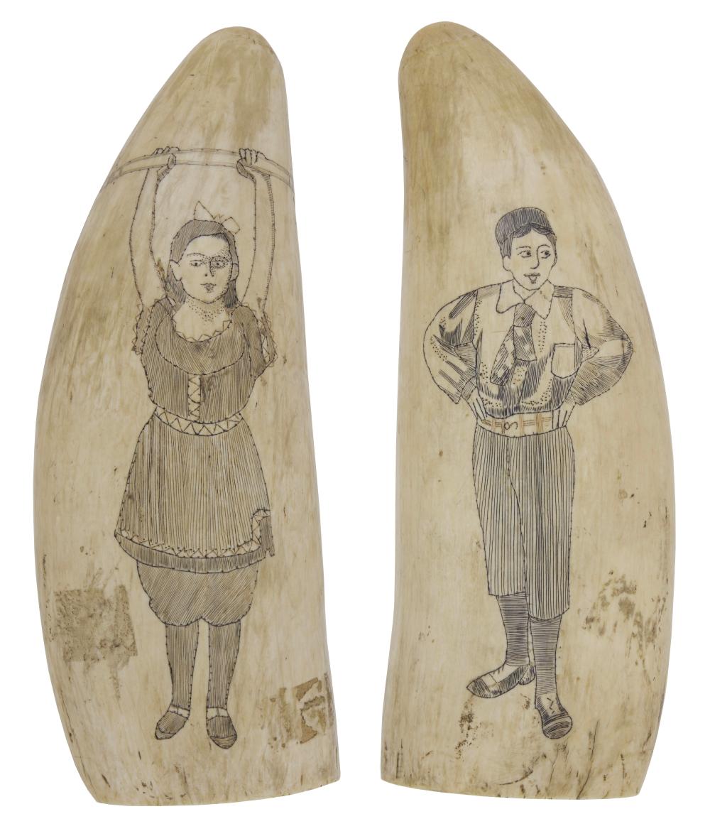 PAIR OF SCRIMSHAW WHALE'S TEETH