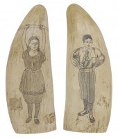 PAIR OF SCRIMSHAW WHALE'S TEET