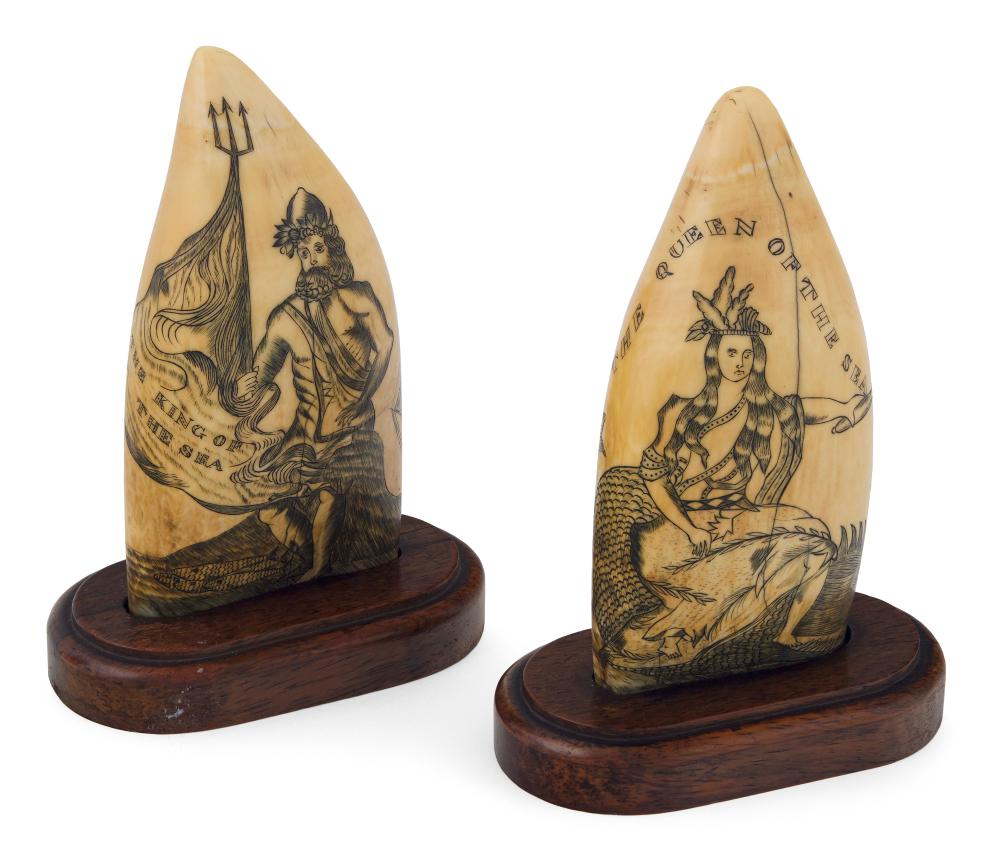 PAIR OF SCRIMSHAW WHALE'S TEETH
