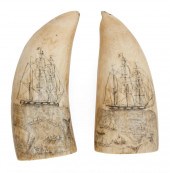 PAIR OF SCRIMSHAW WHALE'S TEET