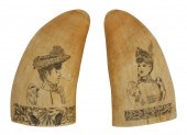 PAIR OF SCRIMSHAW WHALE'S TEET