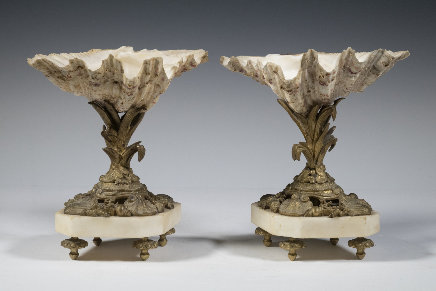 PAIR OF SEASHELL, MARBLE & BRONZE