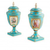 PAIR OF SEVRES STYLE URNS AND