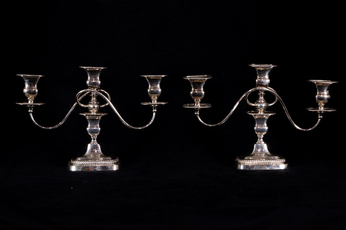 PAIR OF SHEFFIELD PLATE THREE LIGHT