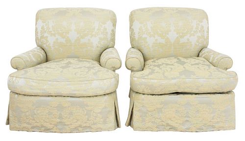 PAIR OF SILK DAMASK UPHOLSTERED ARM