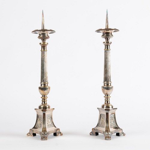 PAIR OF SILVER-PLATE ALTAR CANDLE