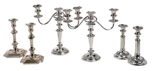 PAIR OF SILVER PLATE CANDELABRA AND