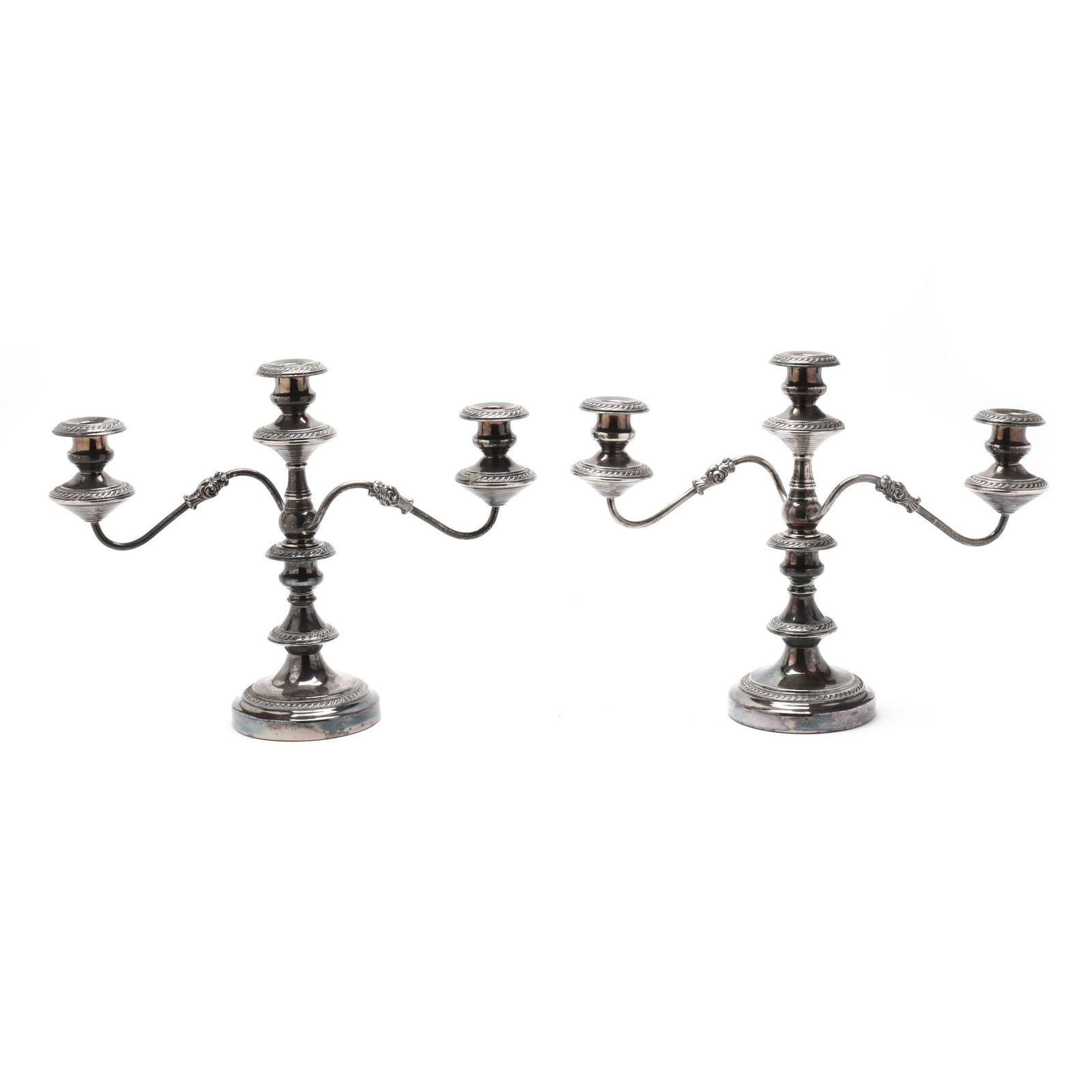 PAIR OF SILVER-PLATED CANDELABRA,