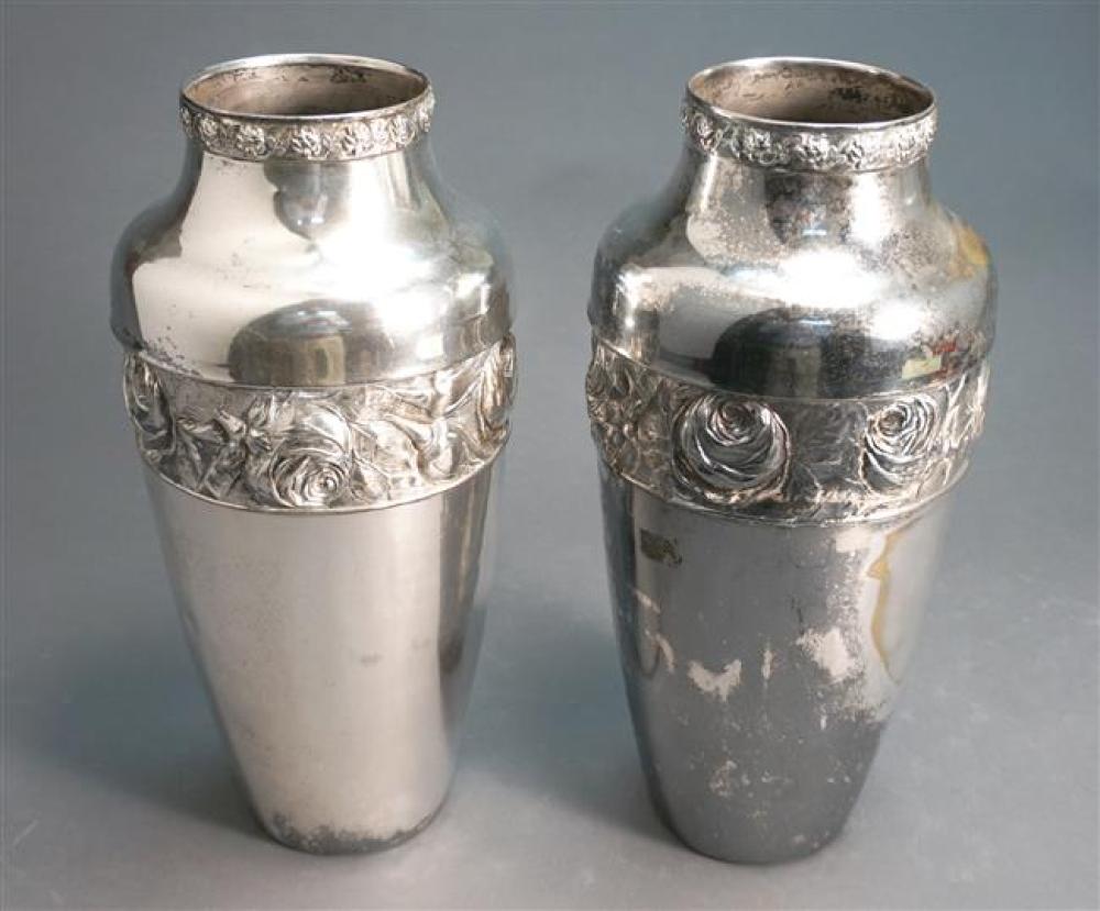 PAIR OF SILVER PLATED VASES,