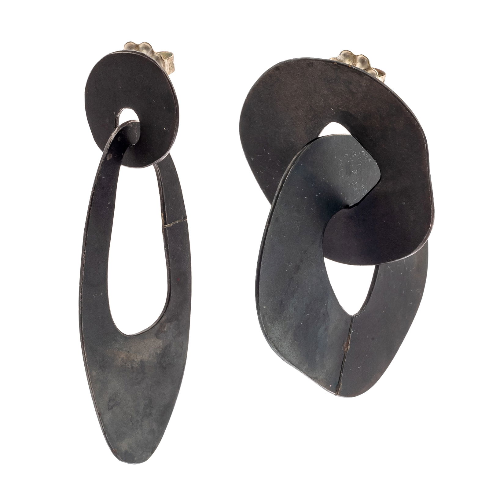 PAIR OF SILVER, STEEL EARRINGS,